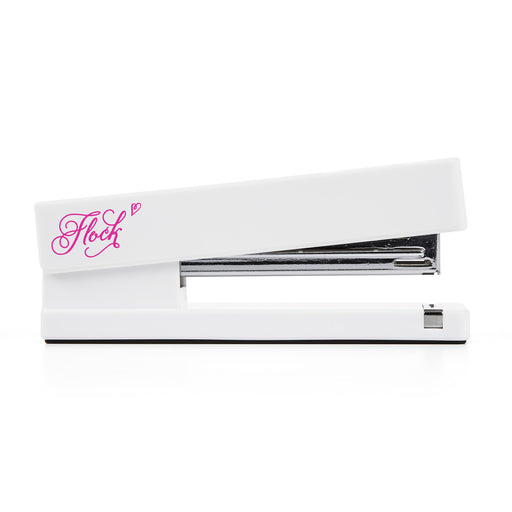 White stapler with pink "Flock" logo on a white background. (White)