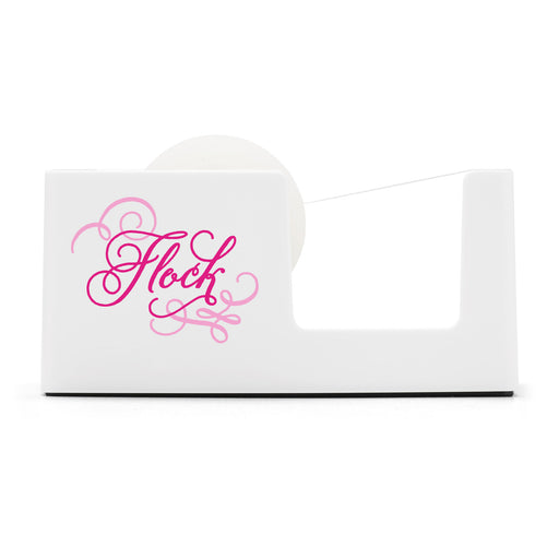 White modern tape dispenser with pink "Flock" script logo on the side. (White)